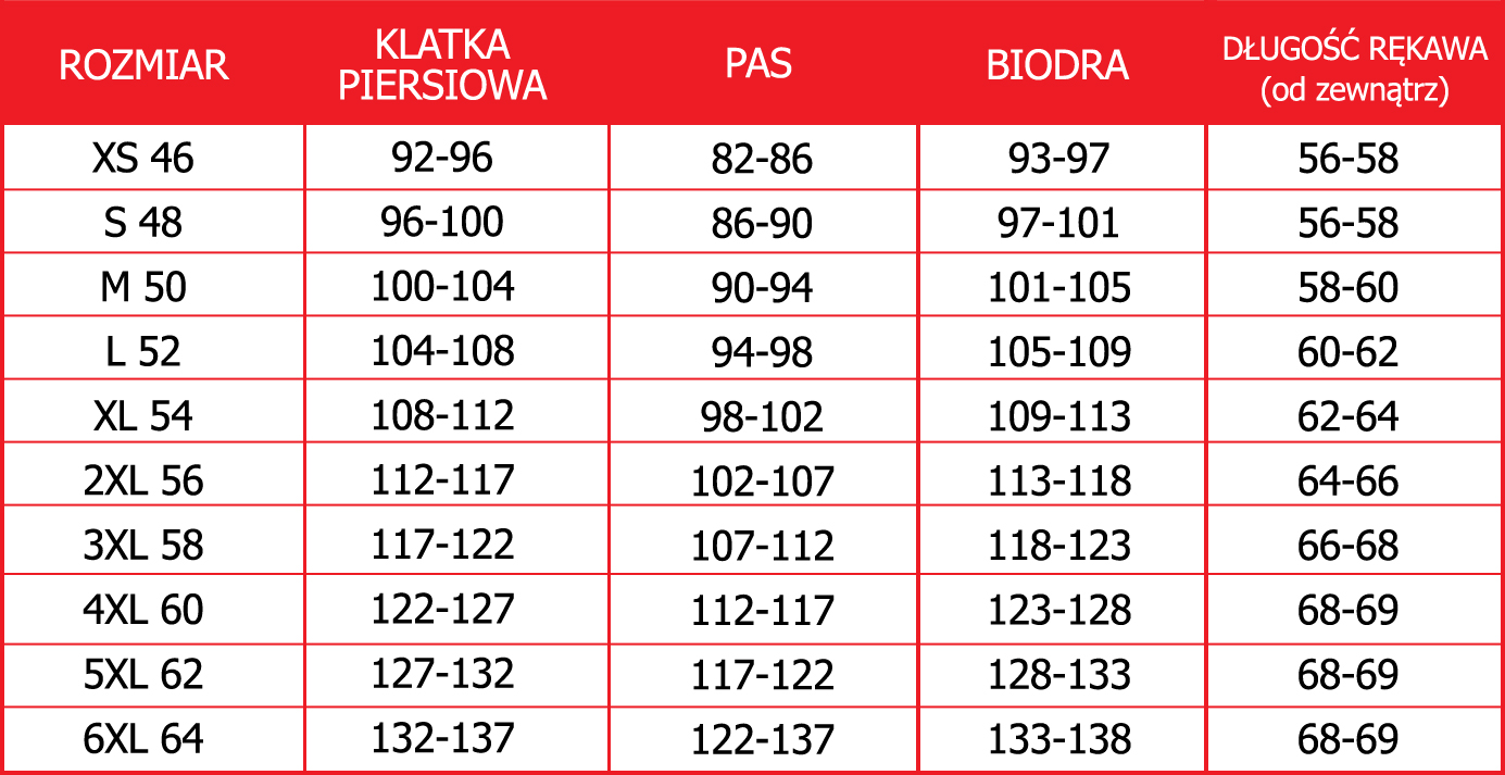 Tabela rozmiarów odzieży firmy SHIMA