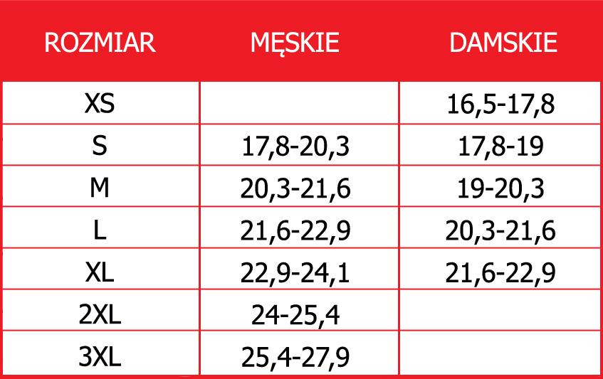 Tabela rozmiarów odzieży firmy LS2